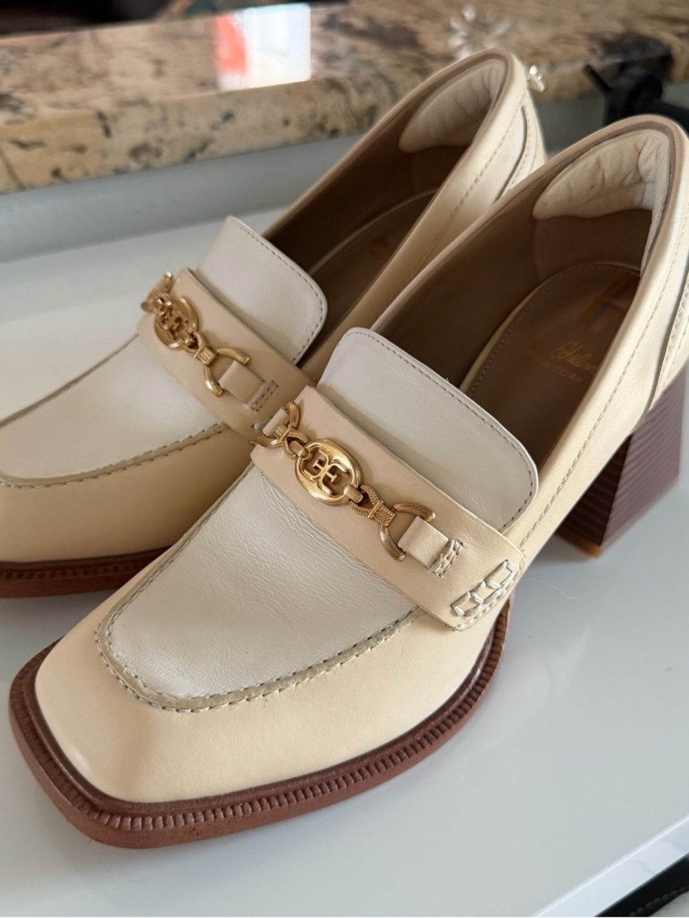 NWOT Sam Edelman Cream and Brown Leather Block Heel Loafers with Gold Chain